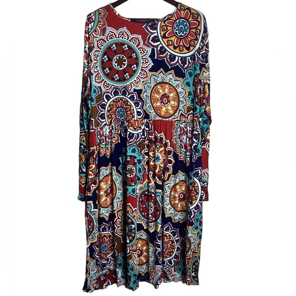 DB Moon Plus Size 3XL Bohemian Floral Print Long Sleeve Dress Women - Picture 2 of 5